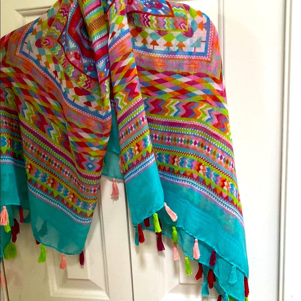 Vibrant Multicolor Patterned Scarf with Tassels